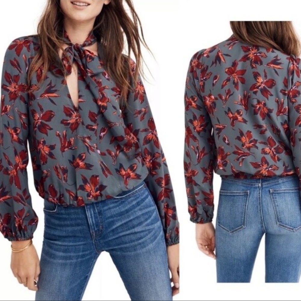 Madewell Green Silk Winter Orchid Tie-Neck Long Sleeves Wrap Small